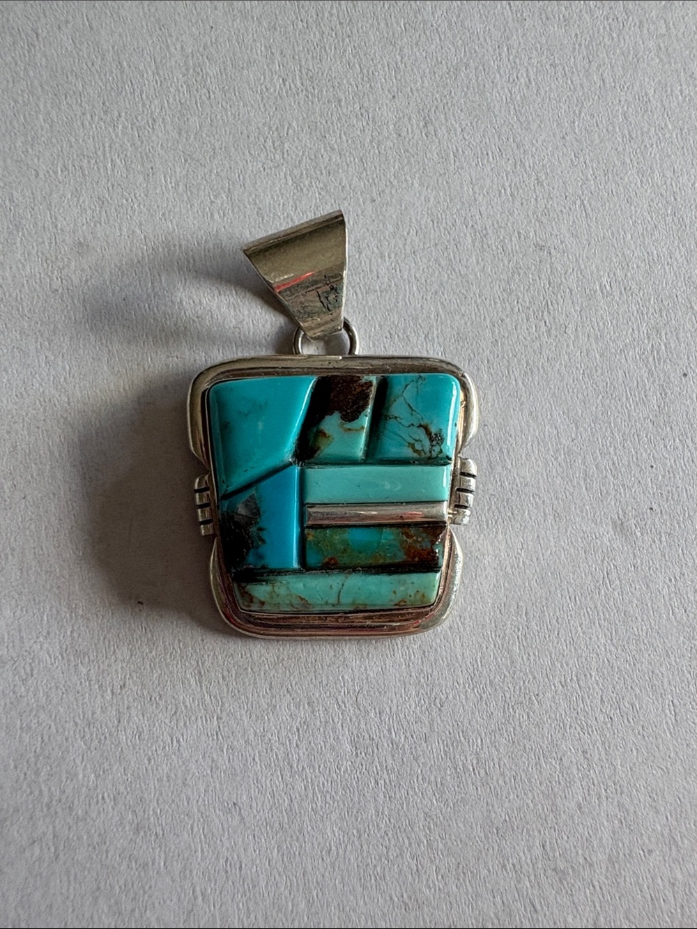 Navajo Made Edward Johnson Sterling Silver Kingman Turquoise Inlay Pendant